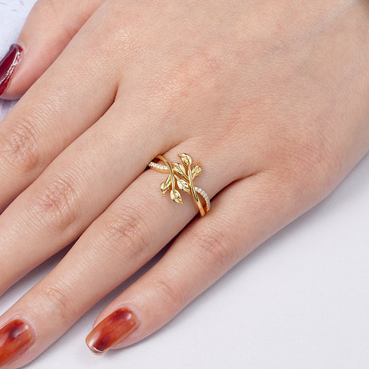 Leaf Shape Ring 925 Sterling Silver 18k Gold Plated Inlaid with Clear Gemstones_3