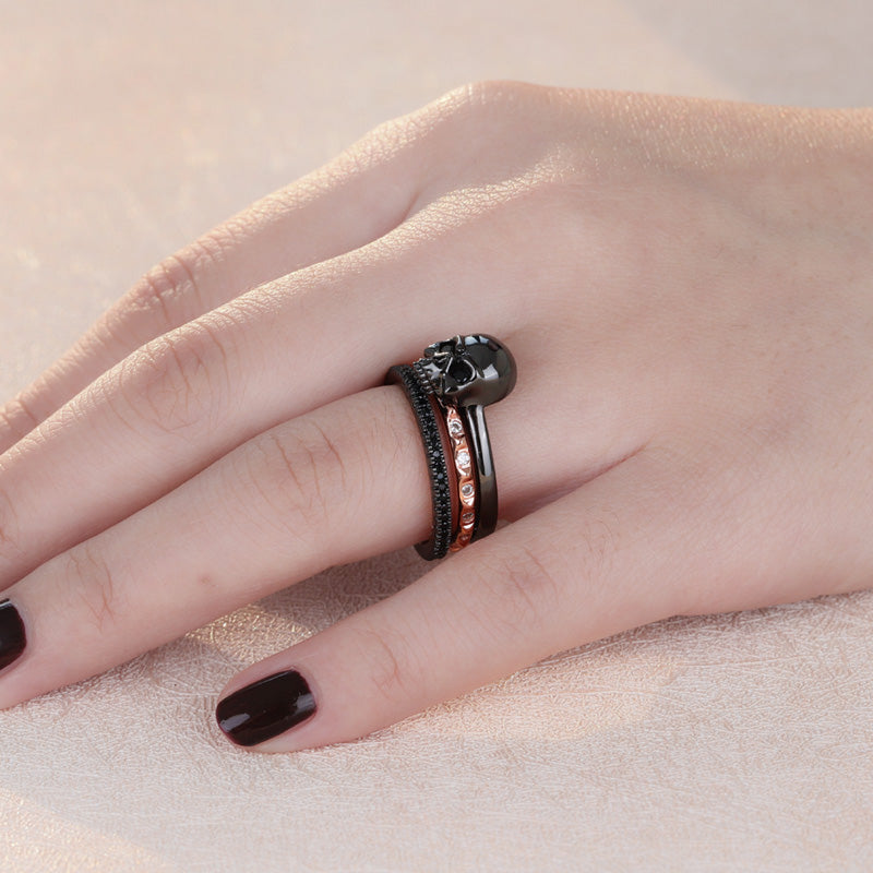 Gnoce "Love You Always" Skull Ring Sets 925 Sterling Silver Double Color Plated_3