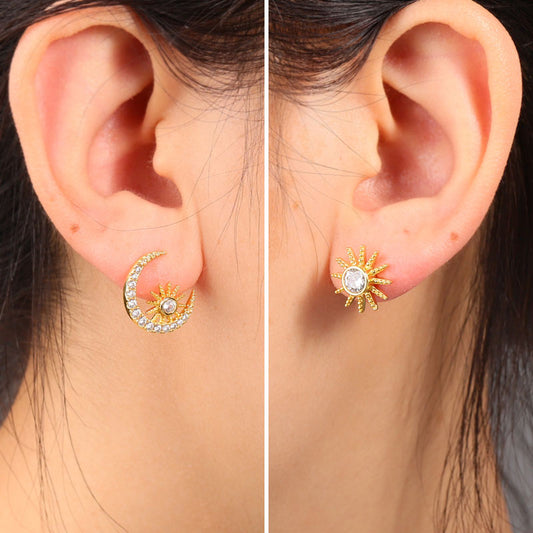 Asymmetry Star Moon Stud Earrings 18k Gold Plated S925 Silver_3