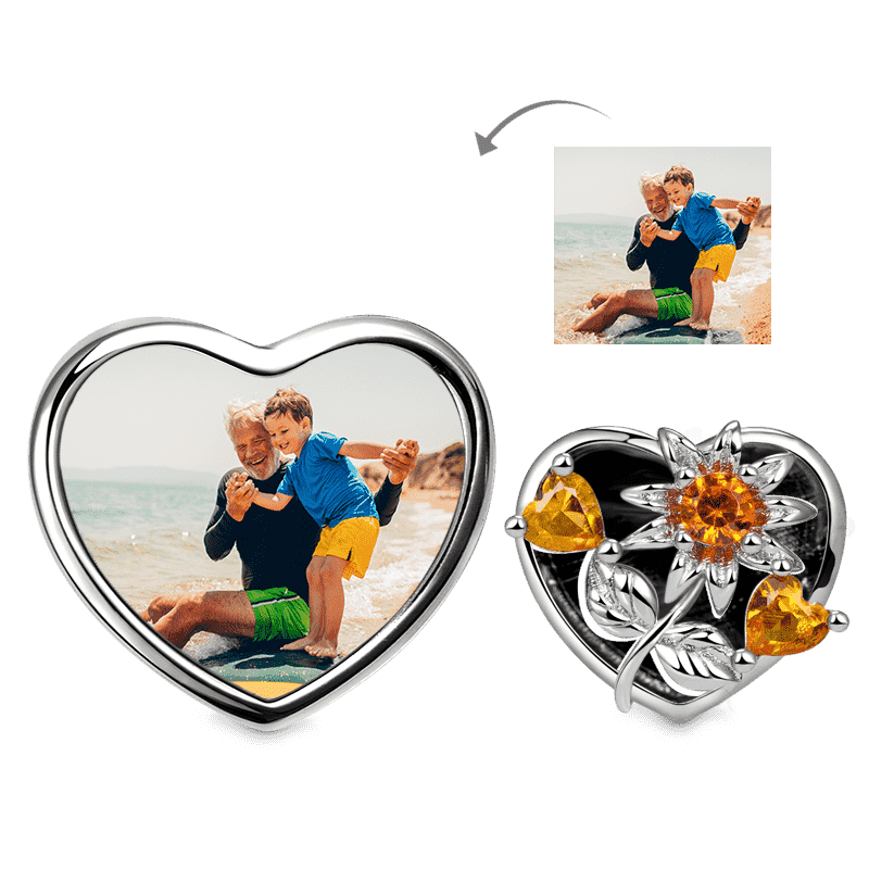 Sun Flower Personalized Photo Charm Bead 925 Sterling Silver Inliad with Orange CZ Stones_1