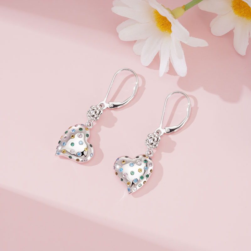 Gnoce Rose Flower Heart Dangle Leverback Earrings_3